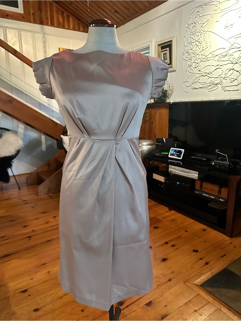 100% silk beige Dress with Pleated Waist